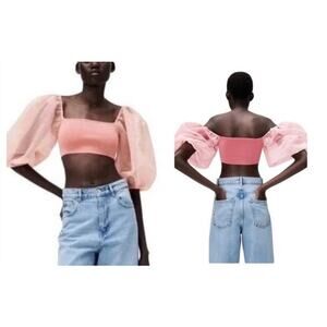 ZARA ORGANZA PUFF SLEEVE KNIT CROP TOP PINK NWOT SIZE LARGE